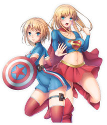 Rule 34 | 2girls, animification, blonde hair, blue eyes, breasts, captain america, cleavage, crossover, dc comics, genderswap, genderswap (mtf), green eyes, highres, holding, holding shield, large breasts, long hair, looking at viewer, marvel, multiple girls, navel, open mouth, red legwear, red skirt, shield, short hair, skindentation, skirt, supergirl, thigh strap, thighhighs, umitonakai