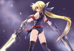 Rule 34 | 1girl, arm belt, ass, bardiche (nanoha), bardiche (riot zanber stinger) (nanoha), black leotard, black ribbon, black thighhighs, blonde hair, closed mouth, commentary request, dual wielding, energy sword, fate testarossa, fate testarossa (true sonic form), from behind, gauntlets, gloves, grey gloves, hair ribbon, highres, holding, holding weapon, kuroi mimei, leotard, light particles, long hair, looking at viewer, looking back, lyrical nanoha, magical girl, mahou shoujo lyrical nanoha strikers, ponytail, red eyes, ribbon, single horizontal stripe, sleeveless, smile, solo, sword, thighhighs, very long hair, weapon, wind
