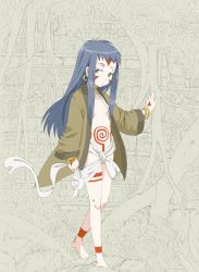 Rule 34 | 1990s (style), 1girl, against tree, arm support, bad id, bad pixiv id, barefoot, blue hair, bodypaint, bracelet, choker, earrings, facepaint, facial mark, fangs, feet, flat chest, forehead mark, hoop earrings, jaga note, jewelry, leaf, long hair, long sleeves, looking at viewer, nature, navel, neo ranga, no bra, open clothes, open shirt, outdoors, purple hair, sash, shimabara yuuhi, shirt, solo, standing, tree, tribal, walking, wide sleeves, yellow eyes