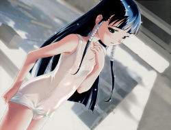 Rule 34 | 1girl, black hair, dutch angle, game cg, missing blue, one-piece swimsuit, school swimsuit, see-through, solo, swimsuit, watanabe akio, white school swimsuit, white one-piece swimsuit, yagi shizuno