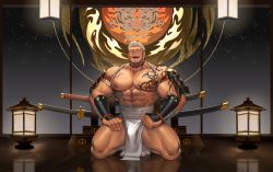 Rule 34 | 1boy, abs, absurdres, arm tattoo, armor, bandaged arm, bandages, bara, blush, chest tattoo, closed eyes, facial hair, facial scar, fundoshi, highres, japanese armor, japanese clothes, kneeling, large pectorals, male focus, midriff sarashi, muscular, muscular male, navel, neck tattoo, nipples, open mouth, original, pectorals, sarashi, scar, scar on cheek, scar on face, scar on nose, short hair, shoulder armor, sideburns, smile, sode, solo, tattoo, thick thighs, thighs, vambraces, virtual youtuber, white hair, xianyusamuel