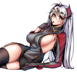 Rule 34 | 10s, 1girl, azur lane, black thighhighs, breasts, buttons, double-breasted, garter straps, gloves, grey gloves, headgear, highres, large breasts, long hair, looking at viewer, open mouth, orange eyes, prinz eugen (azur lane), sideboob, silver hair, sitting, solo, tetsu (excalibur920), thighhighs, tongue, tongue out, very long hair
