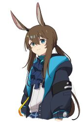 Rule 34 | 1girl, amiya (arknights), animal ears, arknights, ascot, black jacket, blue ascot, blue collar, blue eyes, blue skirt, brown hair, collar, commentary, hair between eyes, highres, jacket, jewelry, light blush, long hair, long sleeves, looking at viewer, neck ring, open clothes, open jacket, pe3075, plaid, plaid skirt, ponytail, rabbit ears, rabbit girl, shirt, sidelocks, simple background, skirt, smile, solo, very long hair, white background, white shirt