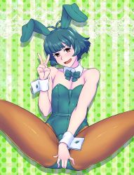 Rule 34 | 00s, 1boy, akizuki ryo, animal ears, antenna hair, bare shoulders, blush, brown eyes, bulge, covering privates, covering crotch, crossdressing, detached collar, fake animal ears, green hair, highres, idolmaster, idolmaster dearly stars, looking at viewer, male focus, male playboy bunny, oku (okumen), open mouth, pantyhose, playboy bunny, rabbit ears, short hair, smile, solo, spread legs, trap, v, wavy mouth, wrist cuffs