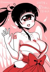 Rule 34 | 1girl, 2017, 2018, :d, angel wings, bare arms, bare shoulders, between breasts, blunt bangs, blush, breasts, cleavage, commentary request, cyclops, feathered wings, feathers, hand up, hitomi sensei no hokenshitsu, japanese clothes, kimono, large breasts, limited palette, lips, long hair, looking at viewer, manaka hitomi, obi, one-eyed, one-hour drawing challenge, open mouth, pink background, pink theme, ponytail, red eyes, sash, shake-o, simple background, smile, solo, tattoo, translation request, twitter username, upper body, waving, wings
