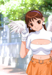 Rule 34 | 1girl, brown eyes, brown hair, cleavage cutout, clothing cutout, gloves, highres, long hair, midriff, navel, skirt, solo, wings, yui toshiki