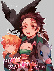 Rule 34 | 1girl, 3boys, absurdres, agatsuma zenitsu, animal, animal on shoulder, bamboo, bird, bird on shoulder, bit gag, boar mask, brown hair, chibi, chinese commentary, closed mouth, commentary request, crown, dated, earrings, gag, gryffindor, hair ribbon, haori, happy birthday, hashibira inosuke, highres, japanese clothes, jewelry, kamado nezuko, kamado tanjirou, kimetsu no yaiba, long hair, looking at viewer, mogutofuoes, multiple boys, notice lines, open mouth, orange hair, pink ribbon, red eyes, ribbon, scar, scar on face, scar on forehead, short hair, simple background, smile