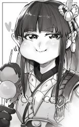 Rule 34 | 1girl, absurdres, black hair, blunt bangs, blush, breasts, cheek bulge, closed mouth, fewer digits, food, gloves, greyscale, hair ornament, highres, hinoa, japanese clothes, long hair, looking at viewer, monochrome, monster hunter (series), monster hunter rise, niwarhythm, pointy ears, sidelocks, simple background, smile