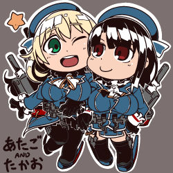 Rule 34 | 10s, 2girls, atago (kancolle), black gloves, black hair, black legwear, blonde hair, blue hat, breasts, character name, chibi, gloves, green eyes, grey background, gun, hat, kantai collection, large breasts, long hair, military, military uniform, multiple girls, omiya (louise-louis-lucille), open mouth, pantyhose, red eyes, simple background, smile, takao (kancolle), thighhighs, uniform, weapon