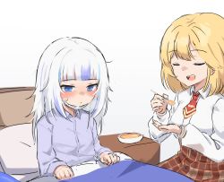 Rule 34 | 2girls, absurdres, bed, blanket, blonde hair, blue eyes, blush, closed eyes, commentary, english commentary, food, gawr gura, highres, holding, holding spoon, hololive, hololive english, klaius, long hair, looking down, mask, mask pull, medium hair, mouth mask, multicolored hair, multiple girls, on bed, open mouth, pajamas, pillow, shirt, sick, simple background, sitting, sketch, skirt, soup, spoon, streaked hair, sweatdrop, teeth, under covers, virtual youtuber, watson amelia, watson amelia (1st costume), white background, white hair, white shirt