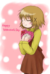 Rule 34 | 1girl, blush stickers, bow, brown hair, closed eyes, closed mouth, dot nose, dress, english text, female focus, gift, hair ornament, happy valentine, heart (symbol), hidamari sketch, holding, holding gift, medium hair, smile, solo, standing, valentine, x hair ornament, yuno (hidamari sketch), yunyan s