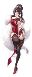 Rule 34 | 1girl, absurdres, ahoge, armlet, bare shoulders, black gloves, black hair, black thighhighs, blush, braid, braided hair rings, breasts, china dress, chinese clothes, closed eyes, closed mouth, commentary request, curvy, double bun, dress, feather boa, flower, folded fan, folding fan, full body, garter straps, glasses, gloves, gold, gold trim, hair bun, hair flower, hair ornament, hair rings, hand fan, hand on own thigh, high heels, highres, holding, holding fan, lace, lace gloves, large breasts, leg up, long hair, no panties, original, pelvic curtain, red dress, red eyes, red flower, revealing clothes, rose, round eyewear, sideboob, simple background, skindentation, sleeveless, sleeveless dress, smile, smirk, solo, standing, standing on one leg, tacco (tikeworld), tassel, thick thighs, thighhighs, thighs, white background