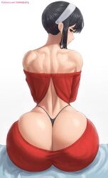 Rule 34 | 1girl, artist name, ass, back, backless outfit, black panties, blush, butt crack, curvy, dress, from behind, hairband, highres, huge ass, long hair, looking at viewer, looking back, panties, red eyes, red sweater, sitting, solo, spy x family, superbusty, sweater, sweater dress, thong, underwear, whale tail (clothing), white background, wide hips, yor briar