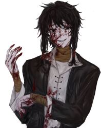 1boy absurdres bandaged_neck bandaged_wrist bandages black_eyes black_hair black_jacket blood blood_in_hair blood_on_clothes blood_on_face blood_on_hands chinese_commentary collared_shirt commentary_request facial_tattoo grin hand_up highres jacket ling5288 long_sleeves low-tied_sidelocks male_focus open_clothes open_collar open_jacket red_pupils shirt short_hair_with_long_locks sidelocks simple_background smile solo tattoo touqi_guaitan upper_body white_background white_shirt ziche_fuzhao