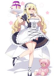 Rule 34 | 1girl, apron, arm cuffs, black dress, black footwear, blonde hair, breasts, brown eyes, cake, cleavage, cleavage cutout, clothing cutout, dress, flower, food, frilled cuffs, fruit, grapes, hair flower, hair ornament, highleg, highres, holding, holding cake, holding food, knees together feet apart, large breasts, layer cake, long hair, maid, maid apron, maid headdress, open mouth, original, puffy short sleeves, puffy sleeves, shaded face, shadow, short sleeves, socks, solo, standing, standing on one leg, stuffed animal, stuffed toy, t@ke-g, teddy bear, thigh strap, white flower, white socks