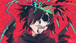 Rule 34 | 1boy, black hair, closed mouth, covered eyes, dororo (tezuka), explosion, glitch, grin, hair over eyes, highres, hyakkimaru (dororo), japanese clothes, kimono, long hair, looking at viewer, male focus, ponytail, red background, riooo1, signature, skeleton, skull, smile, smirk, solo, torn clothes