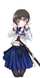 Rule 34 | 1girl, bandages, belt, black pantyhose, blue eyes, blue sailor collar, blue skirt, blush, brown hair, collarbone, cowboy shot, double v, hair between eyes, hands up, highres, katana, knife, legs together, long hair, long sleeves, looking at viewer, low twintails, midriff, navel, neckerchief, oota youjo, original, pantyhose, parted lips, pleated skirt, sailor collar, scabbard, school uniform, serafuku, sheath, sheathed, short eyebrows, simple background, skirt, solo, stomach, sword, teeth, thigh gap, twintails, v, weapon, white background