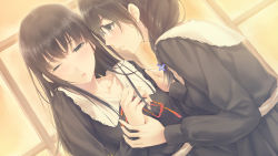 Rule 34 | 2girls, ;o, annoyed, black dress, blush, braid, brown eyes, brown hair, collarbone, dress, dutch angle, flowers (innocent grey), from side, game cg, hanabishi rikka, holding another&#039;s wrist, long hair, long sleeves, multiple girls, official art, one eye closed, orange ribbon, parted lips, profile, puffy long sleeves, puffy sleeves, ribbon, school uniform, shirahane suou, sugina miki, tears, upper body, wince, window, yuri