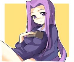 Rule 34 | 00s, 1girl, blush, book, border, fate/stay night, fate (series), glasses, holding, holding book, leaning back, light smile, long hair, looking at viewer, lowres, medusa (fate), medusa (rider) (fate), no pants, nose blush, open book, orange background, pocket, purple eyes, purple hair, rimless eyewear, sikorsky, simple background, sitting, solo, striped, sweater, thighs, vertical stripes, very long hair, white border, yellow background