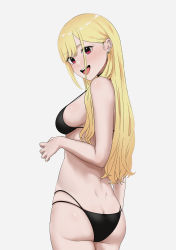 Rule 34 | 1girl, :d, absurdres, ass, back, bikini, black bikini, blonde hair, breasts, butt crack, dimples of venus, ear piercing, earrings, highres, jewelry, kitagawa marin, long hair, looking at viewer, open mouth, piercing, red eyes, simple background, smile, solo, sono bisque doll wa koi wo suru, swimsuit, tantanmen72, teeth, white background