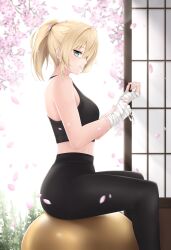 Rule 34 | absurdres, black pantyhose, black sports bra, blonde hair, cherry blossoms, curled fingers, green eyes, hand wraps, highres, hololive, kazama iroha, looking at viewer, open door, open mouth, pantyhose, popcornflakes, sexually suggestive, sitting on ball, sport ball, sports bra, sunlight, virtual youtuber