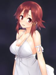 Rule 34 | 10s, 1girl, bare shoulders, breasts, brown eyes, brown hair, cleavage, collarbone, dress, hair ornament, highres, izetta, large breasts, looking at viewer, mikazuchi zeus, parted lips, short hair, shuumatsu no izetta, solo, white dress, x hair ornament