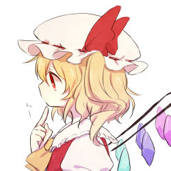 Rule 34 | 1girl, ascot, blonde hair, female focus, finger to mouth, flandre scarlet, from side, hat, hat ribbon, honotai, profile, red eyes, ribbon, short hair, side ponytail, solo, thinking, touhou, upper body, white background, wings