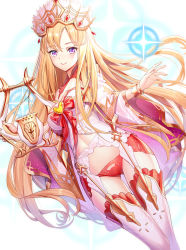 Rule 34 | 1girl, bare shoulders, blonde hair, blush, bow, breasts, closed mouth, commentary request, crown, dutch angle, europa (fate), fate/grand order, fate (series), garter belt, hair between eyes, harp, heart, highres, holding, holding instrument, instrument, long hair, long sleeves, looking at viewer, medium breasts, nail polish, panties, purple eyes, red bow, red nails, red panties, ririko (zhuoyandesailaer), see-through, smile, solo, sparkle, thighhighs, underwear, very long hair, wide sleeves