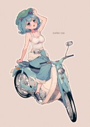 Rule 34 | 1girl, alternate costume, arm support, bare arms, bare shoulders, bicycle, black footwear, blue eyes, blue hair, blue pants, blush, breasts, cleavage, english text, flat cap, full body, green hat, grey background, hair bobbles, hair ornament, hat, highres, honda super cub, kawashiro nitori, looking at viewer, medium breasts, motor vehicle, motorcycle, open mouth, outline, pants, short hair, simple background, sitting, solo, sweat, tank top, touhou, touya (konpekitou), two side up, white outline, white tank top