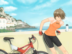 Rule 34 | 1girl, ahoge, aihara kaichi, bad id, bad pixiv id, bicycle, bike shorts, bottle, day, fingerless gloves, gloves, mountain bicycle, outdoors, short hair, solo, water bottle