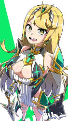 Rule 34 | 1girl, absurdres, aegis sword (xenoblade), bare legs, bare shoulders, blonde hair, breasts, chest jewel, cleavage, cleavage cutout, clothing cutout, dress, earrings, elbow gloves, gloves, highres, jewelry, large breasts, long hair, matubara1207, mythra (xenoblade), short dress, solo, swept bangs, thigh strap, tiara, very long hair, white dress, white footwear, white gloves, xenoblade chronicles (series), xenoblade chronicles 2, yellow eyes