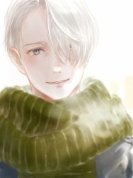 Rule 34 | 1boy, blue eyes, commentary request, green scarf, hair over one eye, head tilt, looking at viewer, male focus, parted lips, romiy, scarf, smile, solo, upper body, viktor nikiforov, white background, white hair, yuri!!! on ice