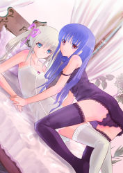 Rule 34 | 2girls, absurdres, all fours, bare shoulders, bed, black thighhighs, blue eyes, blue hair, chemise, colored eyelashes, dutch angle, eyelashes, girl on top, hair ribbon, highres, kakuno, lace, lace-trimmed legwear, lace trim, long hair, looking at viewer, multiple girls, open mouth, original, panties, red eyes, ribbon, strap slip, thighhighs, twintails, underwear, white hair, white thighhighs, yuri