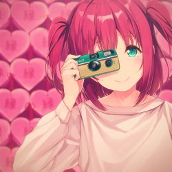 Rule 34 | 1girl, aqua eyes, bad id, bad twitter id, blurry, blurry background, camera, commentary request, heart, heart background, holding, holding camera, kurosawa ruby, long sleeves, looking at viewer, love live!, love live! sunshine!!, pink background, red hair, siva (executor), smile, solo, twintails, two side up, upper body