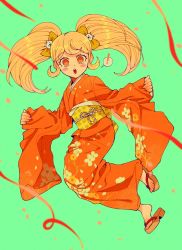 Rule 34 | 1girl, :o, blonde hair, blush, blush stickers, bong (0u0bon), bow, cat hair ornament, danganronpa (series), danganronpa 2: goodbye despair, full body, green background, hair bow, hair ornament, hands up, highres, japanese clothes, kimono, long hair, long sleeves, looking at viewer, obi, open mouth, orange eyes, orange kimono, saionji hiyoko, sash, solo, teeth, twintails, upper teeth only, wide sleeves