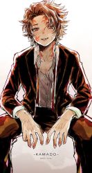 Rule 34 | 1boy, blush, body markings, brown hair, brown jacket, brown pants, character name, collared shirt, demon boy, dress shirt, earrings, fang, feet out of frame, fingernails, half-closed eyes, invisible chair, jacket, jewelry, kamado tanjirou, kimetsu no yaiba, kkk 0mg, looking at viewer, male focus, neck ribbon, pants, red eyes, red ribbon, ribbon, scar, scar on face, scar on forehead, sharp fingernails, shirt, short hair, sitting, slit pupils, smirk, solo, twitter username, untied, veins, white background, white shirt