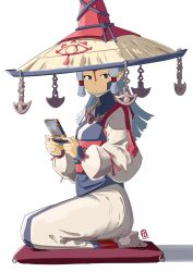 Rule 34 | 1girl, automatic giraffe, brown eyes, commentary, english commentary, eye symbol, forehead tattoo, grey hair, hair tubes, handheld game console, highres, japanese clothes, kimono, long hair, looking to the side, nintendo, nintendo ds, paya (zelda), pointy ears, seiza, sheikah, sitting, solo, the legend of zelda, the legend of zelda: tears of the kingdom