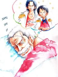 Rule 34 | 3boys, age difference, beard, black hair, brother, brothers, dreaming, facial hair, family, freckles, grey hair, jacket, jacket on shoulders, male focus, military, military uniform, monkey d. garp, monkey d. luffy, multiple boys, old, old man, one piece, painting (medium), scar, siblings, sleeping, smile, tears, thought bubble, traditional media, uniform, watercolor (medium)