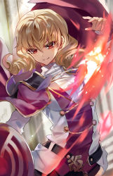Rule 34 | 1girl, blonde hair, breasts, cape, drill hair, erika wagner, fire, highres, holding, holding shield, medium hair, qitoli, red eyes, shield, smile, solo, twin drills, under night in-birth, under night in-birth exe:late[st], uniform