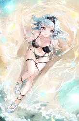 Rule 34 | 1girl, absurdres, ankle strap, beach, bikini, black bikini, blue hair, blue nails, breasts, elphe, eula (genshin impact), from above, genshin impact, hair blowing, hairband, highres, knee up, large breasts, looking at viewer, looking up, medium hair, nail polish, navel, outdoors, partially submerged, purple eyes, sandals, see-through, see-through shirt, side-tie bikini bottom, sitting, smile, solo, starfish, swimsuit, thigh strap, water, wet