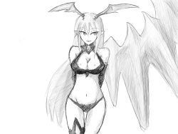 Rule 34 | 1girl, arms behind back, bare shoulders, bikini, breasts, cleavage, demon girl, elbow gloves, female focus, gloves, long hair, lord of vermilion, monochrome, navel, pointy ears, single thighhigh, sketch, smile, solo, demon girl, succubus (lord of vermilion), swimsuit, thighhighs, traditional media, white background