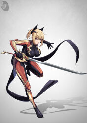 Rule 34 | 1girl, alternate breast size, black bodysuit, blonde hair, bodysuit, breasts, cha hae-in, closed mouth, full body, glaring, high heels, highres, holding, holding sword, holding weapon, huge weapon, knee pads, large breasts, leaning to the side, long bangs, looking at viewer, multicolored bodysuit, multicolored clothes, orange bodysuit, ponytail, purple eyes, shadow, short hair, signature, simple background, skin tight, solo, solo leveling, standing, standing on one leg, sword, weapon, yellow bodysuit, zaregoto tsukai no deshi