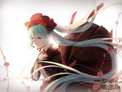 Rule 34 | 1girl, aiko (kanl), aqua eyes, aqua hair, black dress, black hat, bonnet, dated, dress, flower, hands on own chest, happy birthday, hat, hat flower, hatsune miku, light smile, long hair, microphone, open mouth, own hands together, red flower, red ribbon, red rose, ribbon, rose, solo, tears, twintails, very long hair, vocaloid