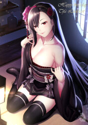 Rule 34 | 1girl, black hair, black kimono, black thighhighs, boots, bottle, breasts, cleavage, closed mouth, collarbone, final fantasy, final fantasy vii, final fantasy vii remake, flower, hair flower, hair ornament, happy birthday, highres, japanese clothes, kimono, large breasts, light particles, obi, off shoulder, official alternate costume, on floor, red eyes, sash, shelf, sitting, smile, solo, tatami, thighhighs, thighs, tifa lockhart, tifa lockhart (exotic dress), wide sleeves, zaregoto tsukai no deshi