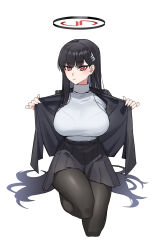 Rule 34 | 1girl, black hair, black pantyhose, blazer, blue archive, blush, bralines, breasts, hair ornament, hairclip, halo, highres, jacket, large breasts, long hair, looking at viewer, pantyhose, pleated skirt, red eyes, rio (blue archive), rodeong r, simple background, skirt, solo, sweater, turtleneck, turtleneck sweater, very long hair, white background
