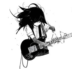 Rule 34 | 10s, 1girl, arm warmers, asashio (kancolle), closed mouth, floating hair, greyscale, guitar, guitar tapping, instrument, kakoben (mudvana), kantai collection, long hair, monochrome, motion blur, motion lines, music, no eyes, playing instrument, short sleeves, simple background, solo, fender telecaster