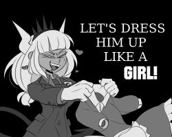 Rule 34 | 1girl, apron, black background, breasts, closed eyes, collared shirt, crown, dress, english text, fang, frills, gloves, greyscale, haaru, heart, helltaker, holding, horns, jacket, large breasts, long hair, long sleeves, low ponytail, lucifer (helltaker), maid, monochrome, necktie, shirt, simple background, solo, teeth, upper teeth only, waist apron