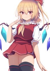 Rule 34 | ascot, blonde hair, bow, crystal, darumoon, fang, flandre scarlet, frilled shirt collar, frilled sleeves, frills, highres, medium hair, one side up, puffy short sleeves, puffy sleeves, red bow, red eyes, red ribbon, red skirt, red vest, ribbon, shirt, short sleeves, skirt, solo, touhou, vest, white shirt, wings, yellow ascot
