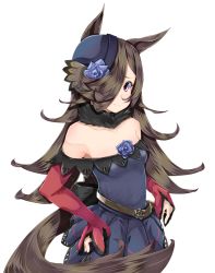 Rule 34 | 1girl, bare shoulders, belt, black dress, black hair, blue flower, blue rose, breasts, brown hair, closed mouth, collarbone, commentary request, dress, flower, hand on own hip, highres, horse girl, long hair, looking at viewer, pink eyes, pleated dress, r0g0b0, rice shower (umamusume), rose, simple background, small breasts, smile, solo, strapless, strapless dress, umamusume, very long hair, white background