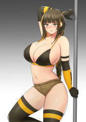 Rule 34 | 1girl, absurdres, arm over head, arms behind back, bikini, bikini shorts, bikini top only, blush, braid, braided ponytail, breasts, brown eyes, brown hair, cleavage, collarbone, elbow gloves, girls&#039; frontline, gloves, gradient background, highres, large breasts, looking at viewer, m16a1 (girls&#039; frontline), mole, mole under eye, multicolored hair, navel, pole, pole dancing, samyukgoo369, scar, scar across eye, scar on face, shorts, sideboob, simple background, solo, stomach, streaked hair, sweat, swimsuit, thighhighs, thighs, two-tone hair